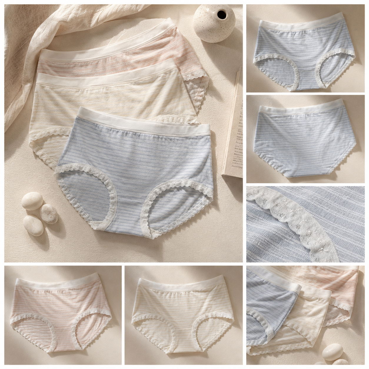 شورت زنانه نخی راه‌راه مدل Lace Trim | کمر کشی و دورپا گیپور